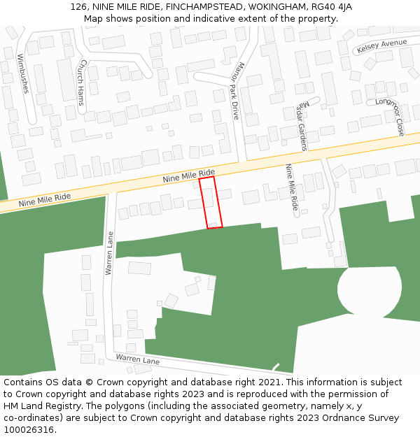 126, NINE MILE RIDE, FINCHAMPSTEAD, WOKINGHAM, RG40 4JA: Location map and indicative extent of plot