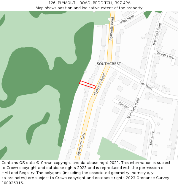 126, PLYMOUTH ROAD, REDDITCH, B97 4PA: Location map and indicative extent of plot