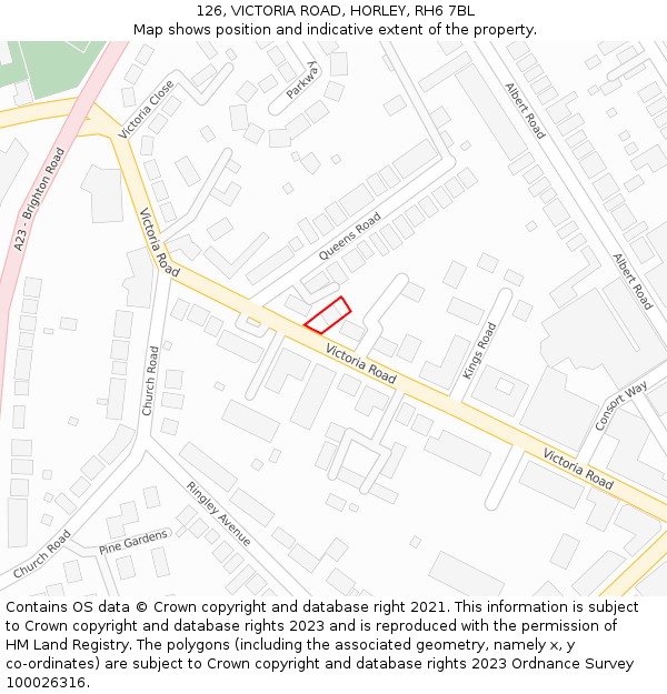 126, VICTORIA ROAD, HORLEY, RH6 7BL: Location map and indicative extent of plot