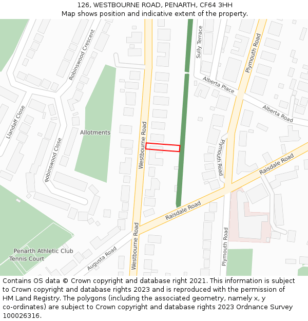 126, WESTBOURNE ROAD, PENARTH, CF64 3HH: Location map and indicative extent of plot