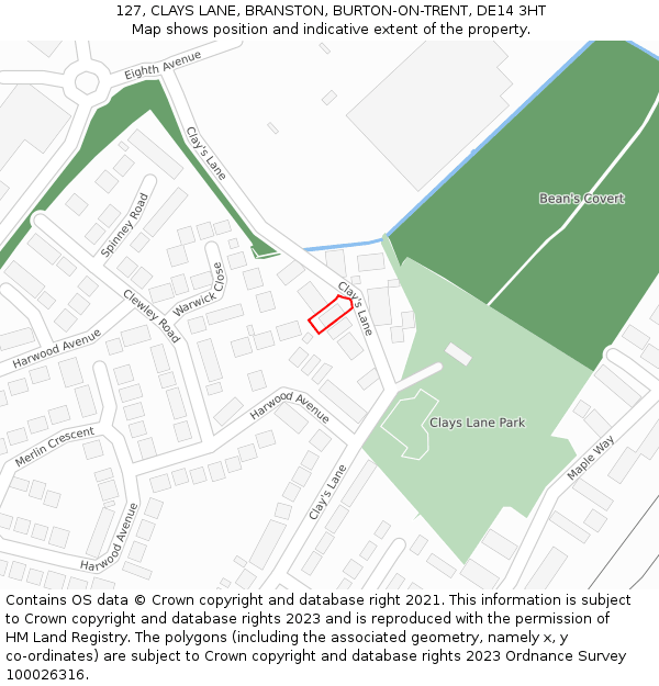 127, CLAYS LANE, BRANSTON, BURTON-ON-TRENT, DE14 3HT: Location map and indicative extent of plot