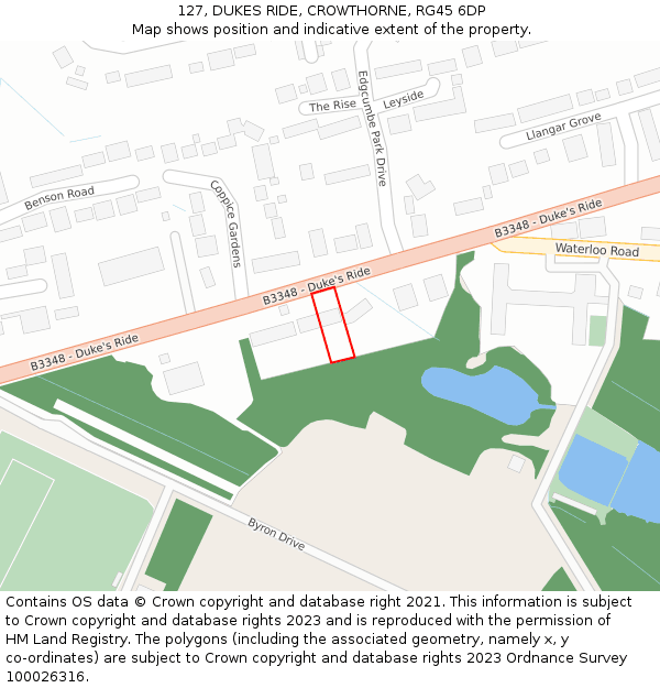 127, DUKES RIDE, CROWTHORNE, RG45 6DP: Location map and indicative extent of plot