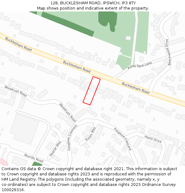 128, BUCKLESHAM ROAD, IPSWICH, IP3 8TY: Location map and indicative extent of plot