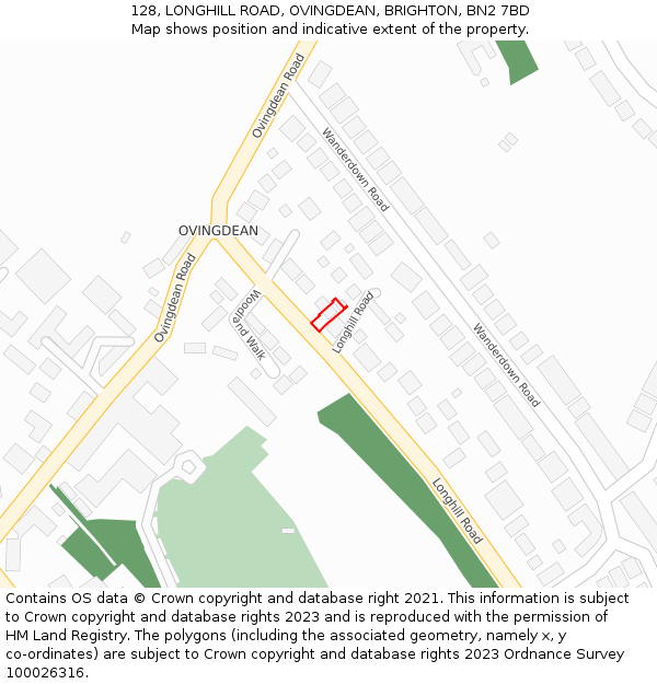 128, LONGHILL ROAD, OVINGDEAN, BRIGHTON, BN2 7BD: Location map and indicative extent of plot