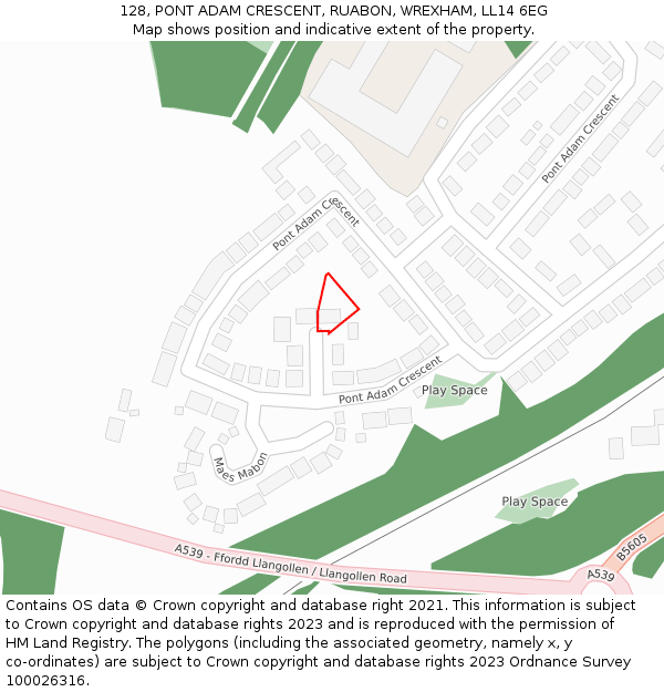 128, PONT ADAM CRESCENT, RUABON, WREXHAM, LL14 6EG: Location map and indicative extent of plot