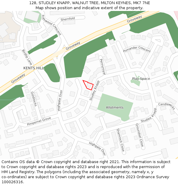 128, STUDLEY KNAPP, WALNUT TREE, MILTON KEYNES, MK7 7NE: Location map and indicative extent of plot