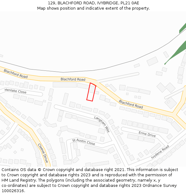 129, BLACHFORD ROAD, IVYBRIDGE, PL21 0AE: Location map and indicative extent of plot