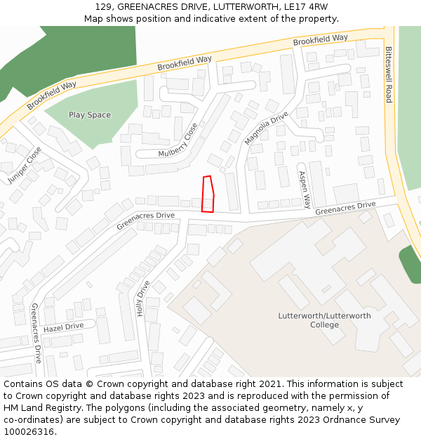 129, GREENACRES DRIVE, LUTTERWORTH, LE17 4RW: Location map and indicative extent of plot