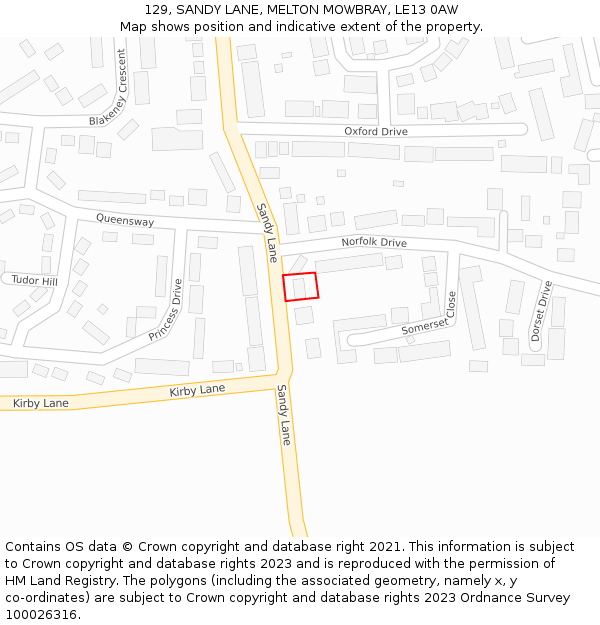 129, SANDY LANE, MELTON MOWBRAY, LE13 0AW: Location map and indicative extent of plot