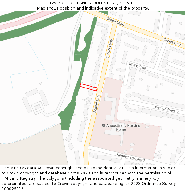 129, SCHOOL LANE, ADDLESTONE, KT15 1TF: Location map and indicative extent of plot