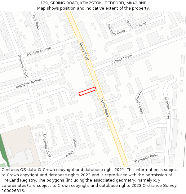 129, SPRING ROAD, KEMPSTON, BEDFORD, MK42 8NR: Location map and indicative extent of plot