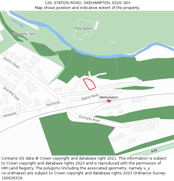 129, STATION ROAD, OKEHAMPTON, EX20 1EH: Location map and indicative extent of plot