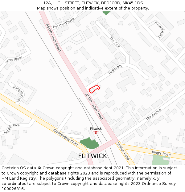 12A, HIGH STREET, FLITWICK, BEDFORD, MK45 1DS: Location map and indicative extent of plot