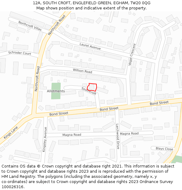 12A, SOUTH CROFT, ENGLEFIELD GREEN, EGHAM, TW20 0QG: Location map and indicative extent of plot