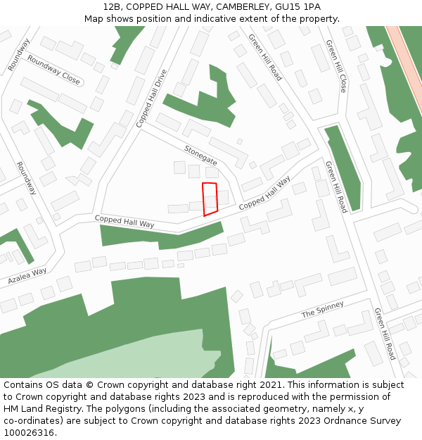 12B, COPPED HALL WAY, CAMBERLEY, GU15 1PA: Location map and indicative extent of plot