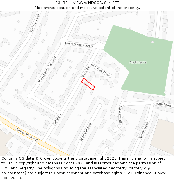 13, BELL VIEW, WINDSOR, SL4 4ET: Location map and indicative extent of plot