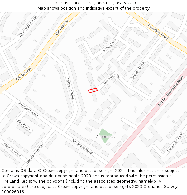 13, BENFORD CLOSE, BRISTOL, BS16 2UD: Location map and indicative extent of plot