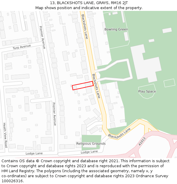 13, BLACKSHOTS LANE, GRAYS, RM16 2JT: Location map and indicative extent of plot