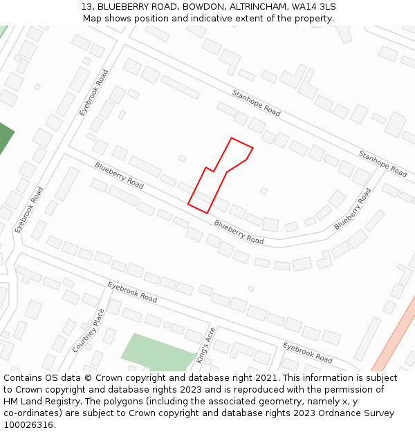 13, BLUEBERRY ROAD, BOWDON, ALTRINCHAM, WA14 3LS: Location map and indicative extent of plot