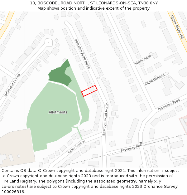 13, BOSCOBEL ROAD NORTH, ST LEONARDS-ON-SEA, TN38 0NY: Location map and indicative extent of plot