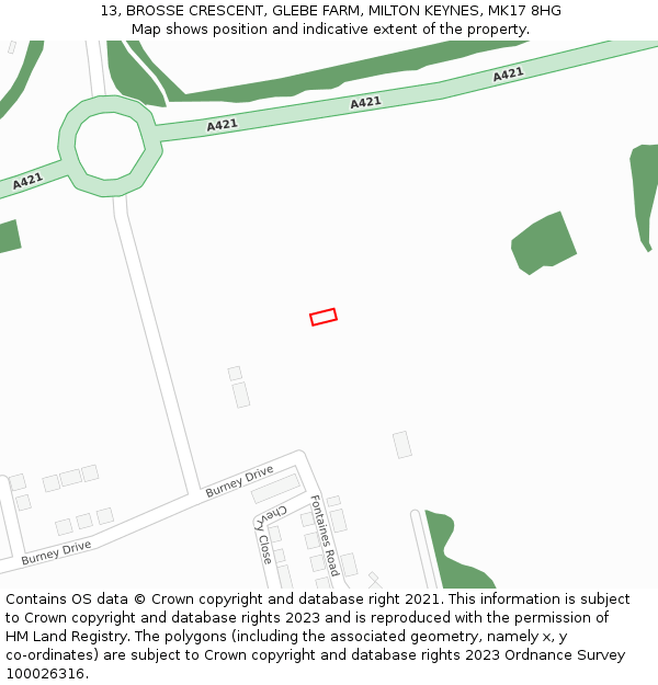 13, BROSSE CRESCENT, GLEBE FARM, MILTON KEYNES, MK17 8HG: Location map and indicative extent of plot