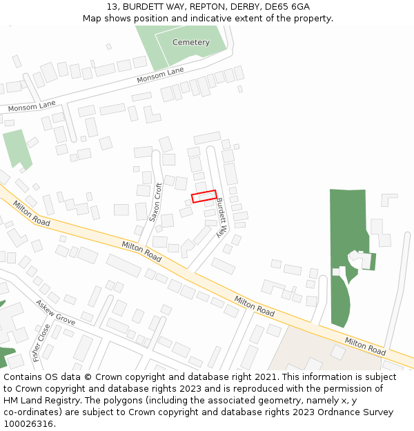 13, BURDETT WAY, REPTON, DERBY, DE65 6GA: Location map and indicative extent of plot