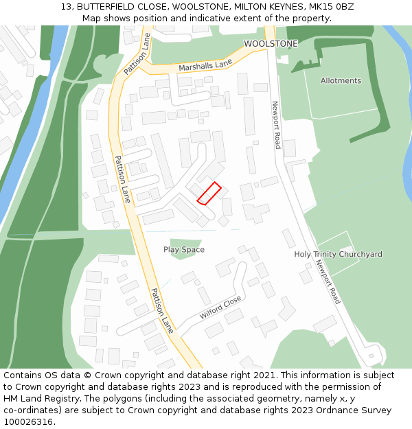 13, BUTTERFIELD CLOSE, WOOLSTONE, MILTON KEYNES, MK15 0BZ: Location map and indicative extent of plot