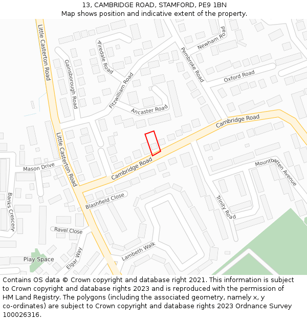 13, CAMBRIDGE ROAD, STAMFORD, PE9 1BN: Location map and indicative extent of plot