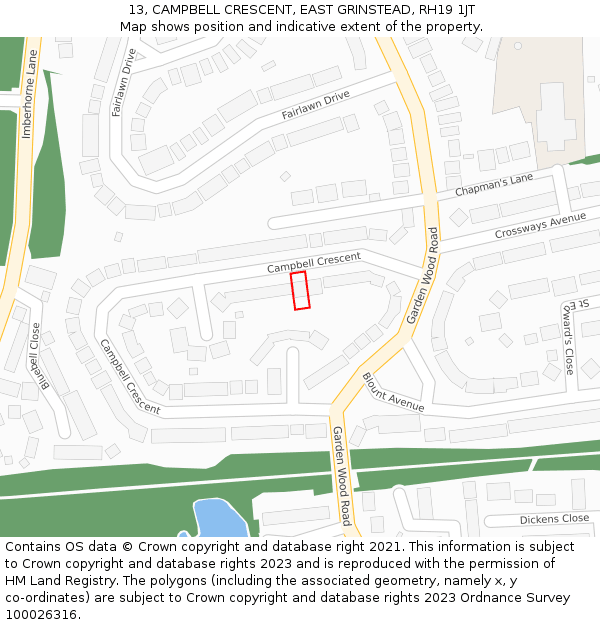 13, CAMPBELL CRESCENT, EAST GRINSTEAD, RH19 1JT: Location map and indicative extent of plot