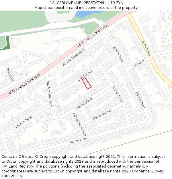 13, CERI AVENUE, PRESTATYN, LL19 7YN: Location map and indicative extent of plot