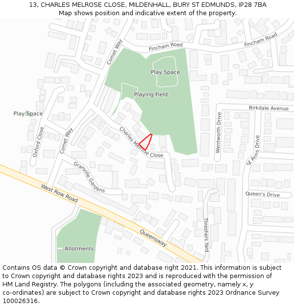 13, CHARLES MELROSE CLOSE, MILDENHALL, BURY ST EDMUNDS, IP28 7BA: Location map and indicative extent of plot