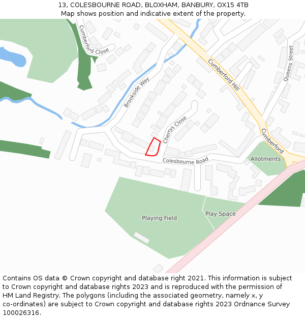 13, COLESBOURNE ROAD, BLOXHAM, BANBURY, OX15 4TB: Location map and indicative extent of plot