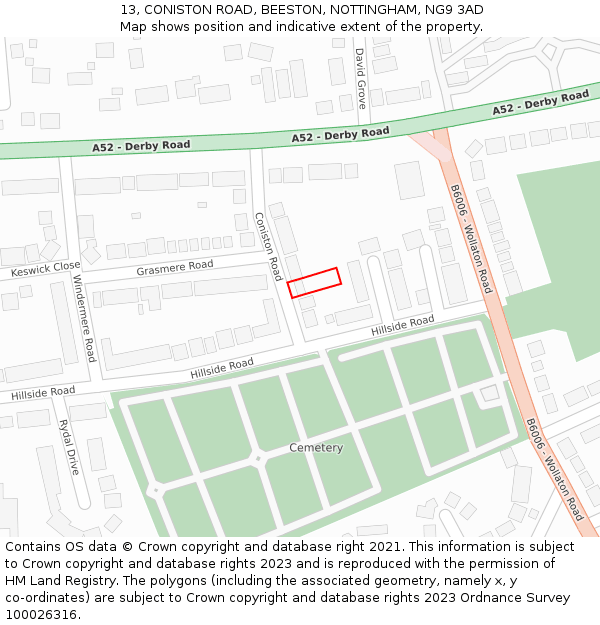 13, CONISTON ROAD, BEESTON, NOTTINGHAM, NG9 3AD: Location map and indicative extent of plot