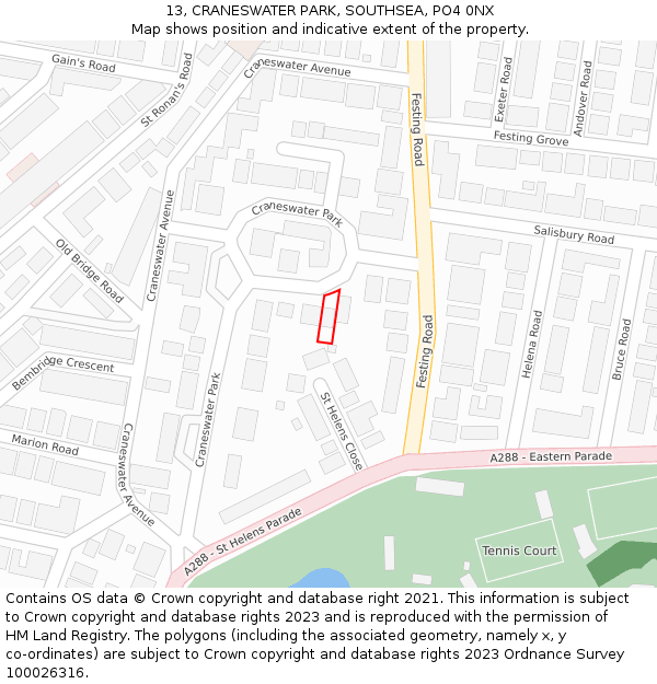 13, CRANESWATER PARK, SOUTHSEA, PO4 0NX: Location map and indicative extent of plot