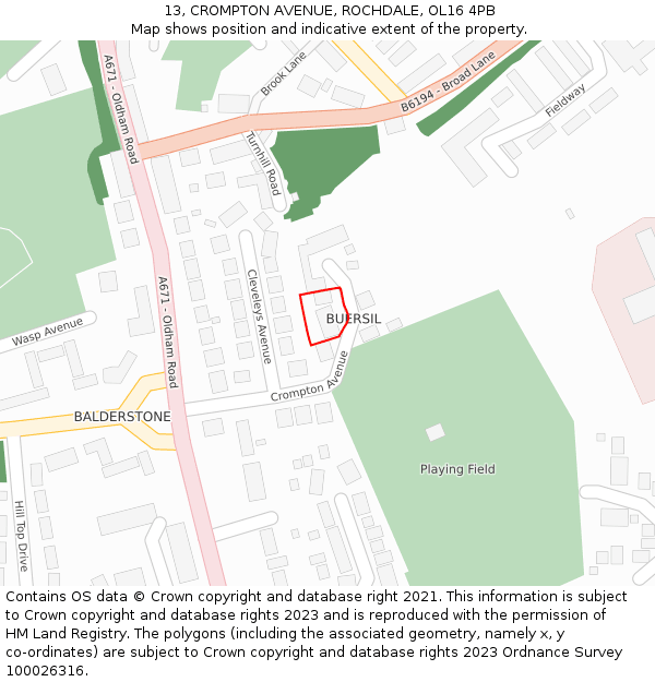 13, CROMPTON AVENUE, ROCHDALE, OL16 4PB: Location map and indicative extent of plot