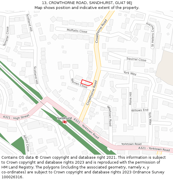 13, CROWTHORNE ROAD, SANDHURST, GU47 9EJ: Location map and indicative extent of plot