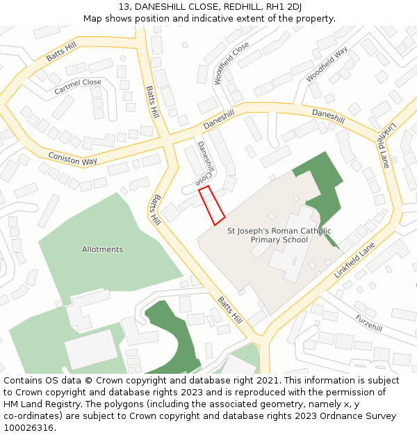 13, DANESHILL CLOSE, REDHILL, RH1 2DJ: Location map and indicative extent of plot