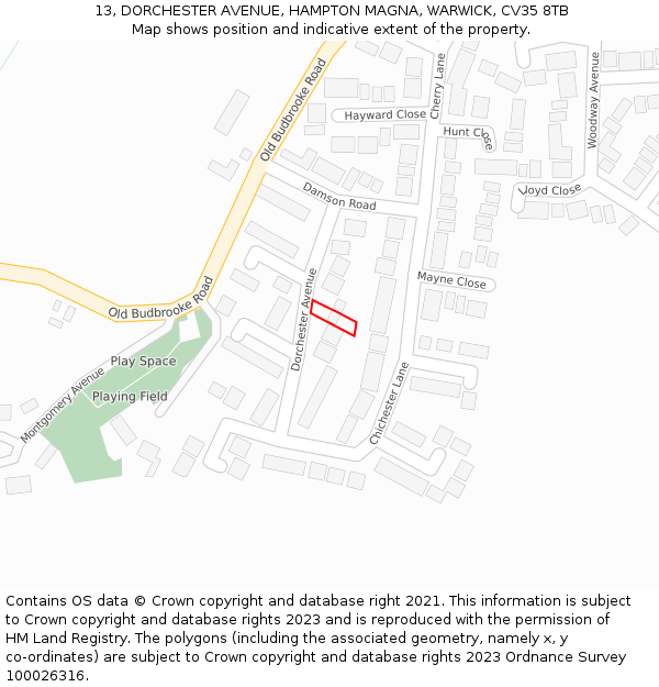 13, DORCHESTER AVENUE, HAMPTON MAGNA, WARWICK, CV35 8TB: Location map and indicative extent of plot