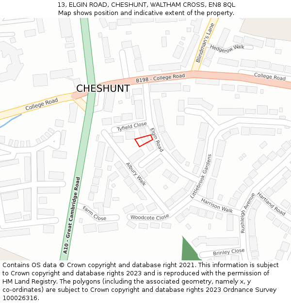 13, ELGIN ROAD, CHESHUNT, WALTHAM CROSS, EN8 8QL: Location map and indicative extent of plot