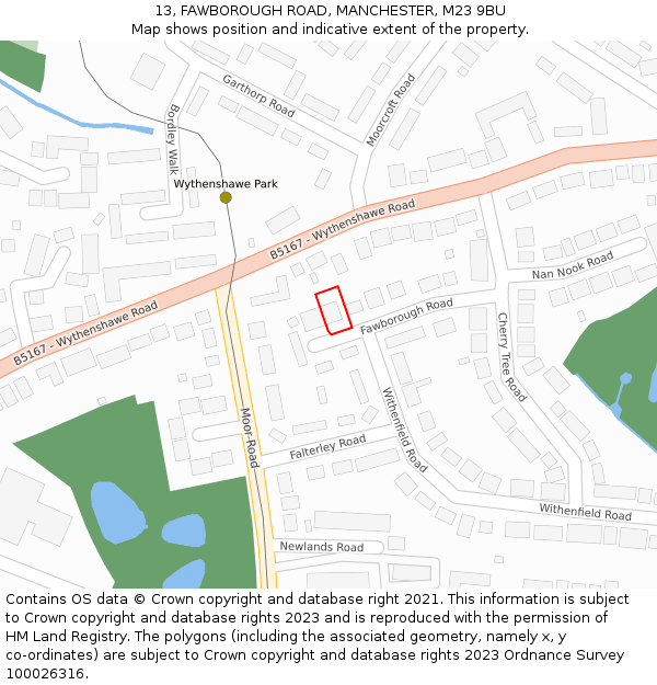 13, FAWBOROUGH ROAD, MANCHESTER, M23 9BU: Location map and indicative extent of plot