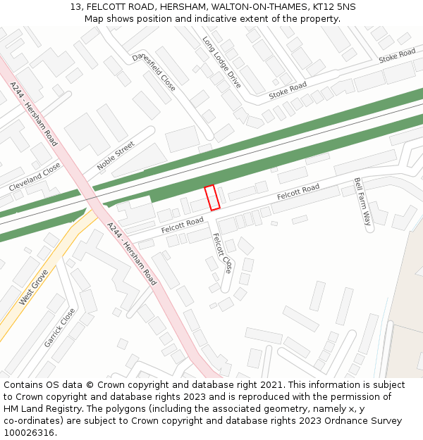 13, FELCOTT ROAD, HERSHAM, WALTON-ON-THAMES, KT12 5NS: Location map and indicative extent of plot