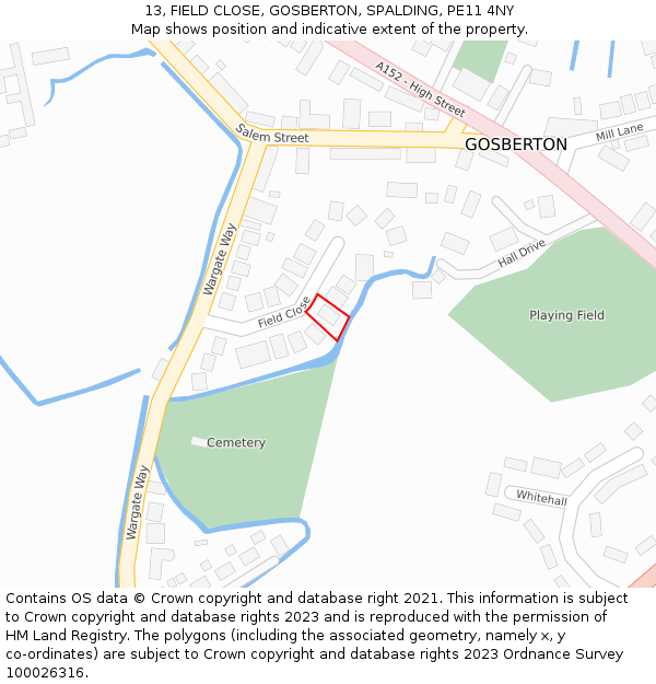 13, FIELD CLOSE, GOSBERTON, SPALDING, PE11 4NY: Location map and indicative extent of plot