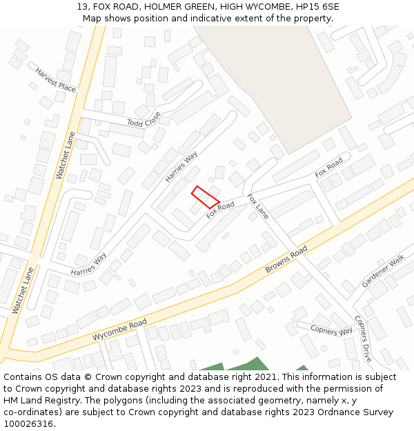 13, FOX ROAD, HOLMER GREEN, HIGH WYCOMBE, HP15 6SE: Location map and indicative extent of plot