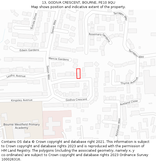 13, GODIVA CRESCENT, BOURNE, PE10 9QU: Location map and indicative extent of plot