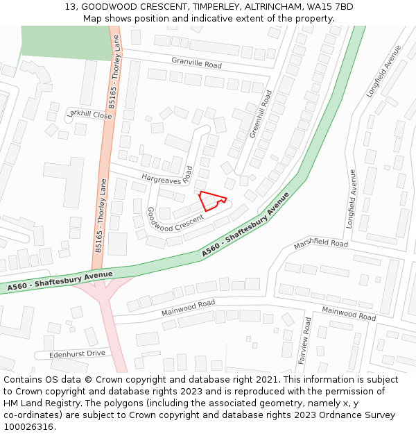 13, GOODWOOD CRESCENT, TIMPERLEY, ALTRINCHAM, WA15 7BD: Location map and indicative extent of plot