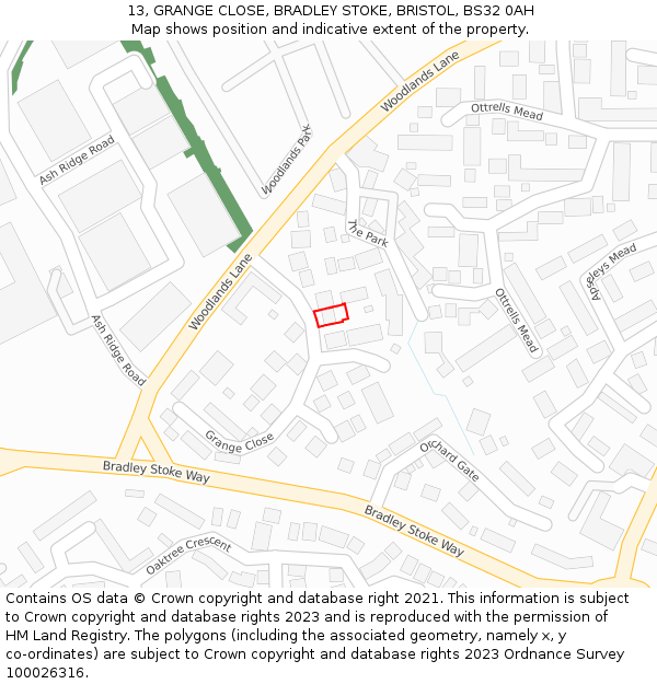 13, GRANGE CLOSE, BRADLEY STOKE, BRISTOL, BS32 0AH: Location map and indicative extent of plot