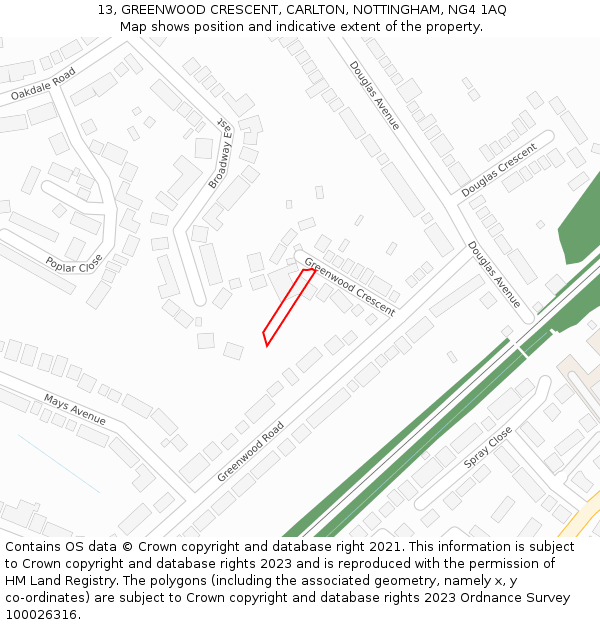 13, GREENWOOD CRESCENT, CARLTON, NOTTINGHAM, NG4 1AQ: Location map and indicative extent of plot