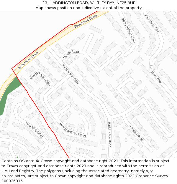 13, HADDINGTON ROAD, WHITLEY BAY, NE25 9UP: Location map and indicative extent of plot