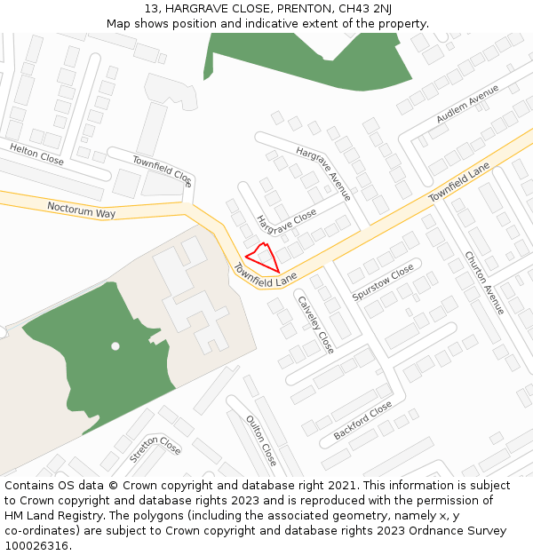 13, HARGRAVE CLOSE, PRENTON, CH43 2NJ: Location map and indicative extent of plot