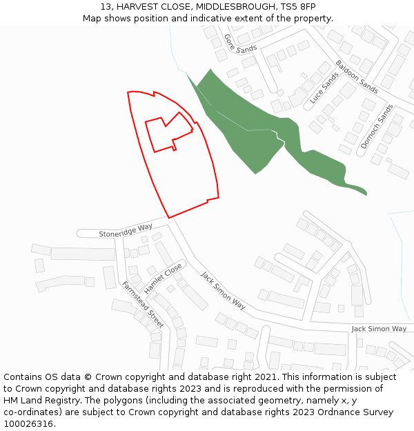 13, HARVEST CLOSE, MIDDLESBROUGH, TS5 8FP: Location map and indicative extent of plot